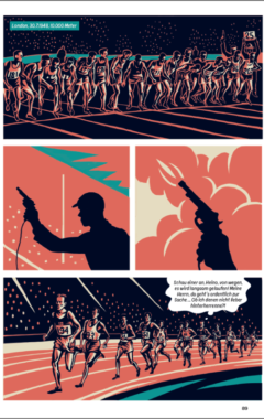 Zátopek zieht seinen Laufstil durch und gewinnt Gold bei den olympischen Spielen 1948 in London. Graphic Novel Zatopek 89